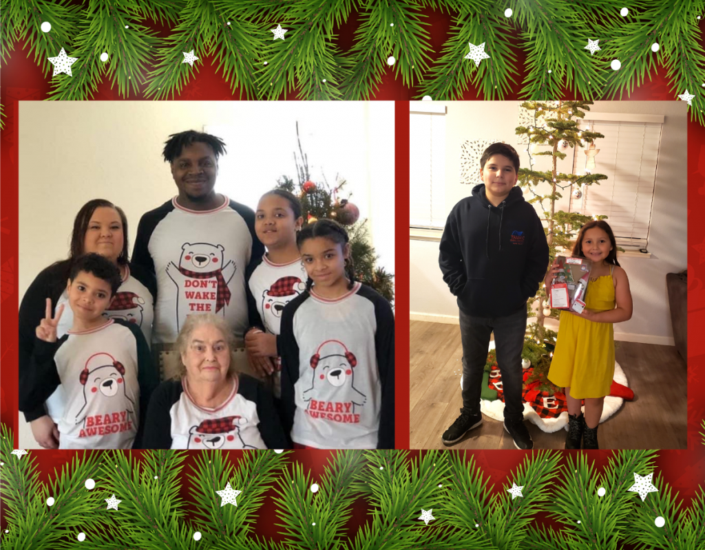Holiday themed photos of two Habitat families