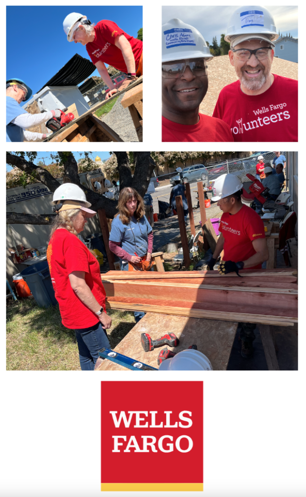 Three photos of Wells Fargo volunteers helping build a home.